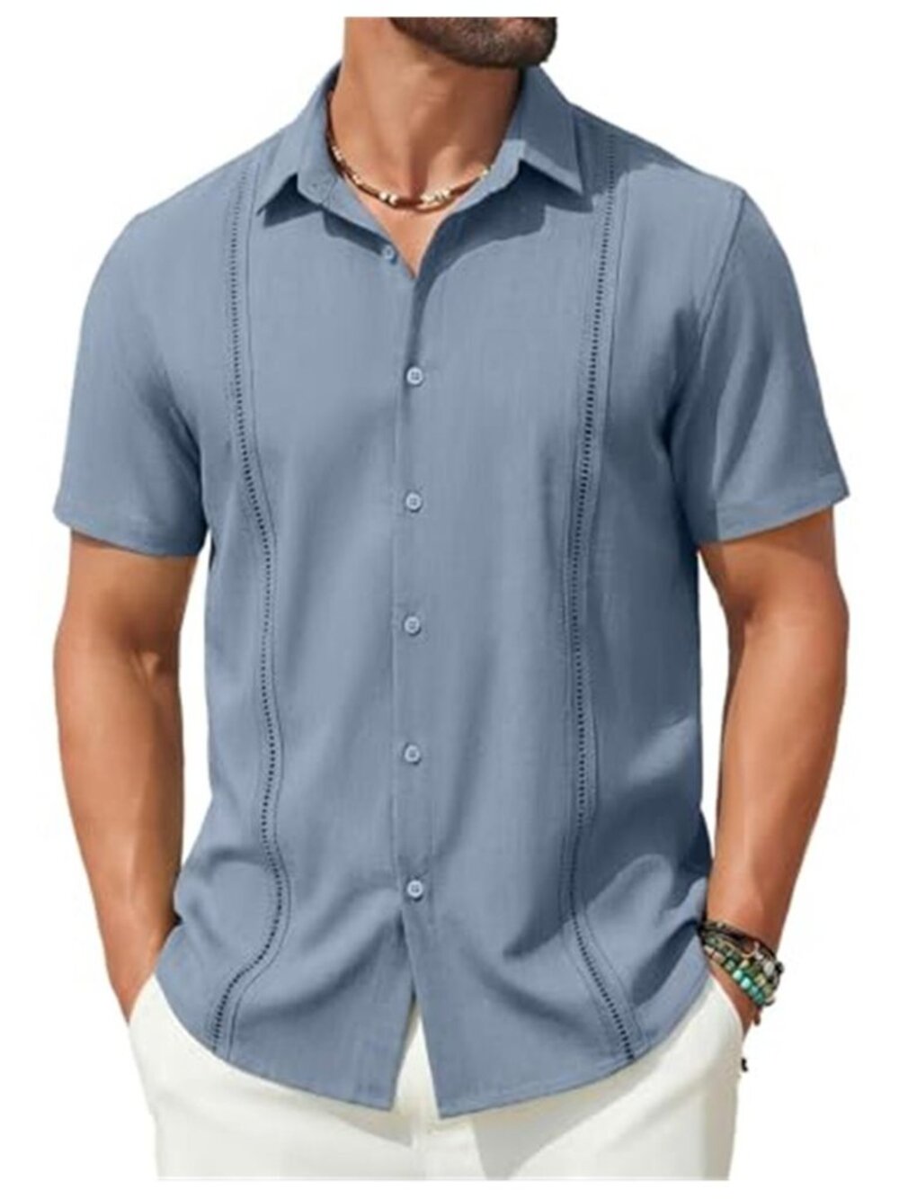 Mens Blue Cuban Guayabera Shirt Short Sleeve Beach Button Down Summer Casual